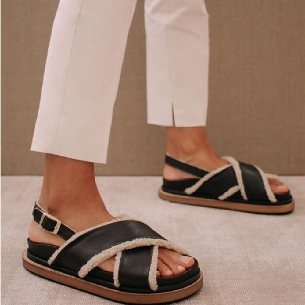 Alohas Black Leather Shearling Sandal Cross Strap